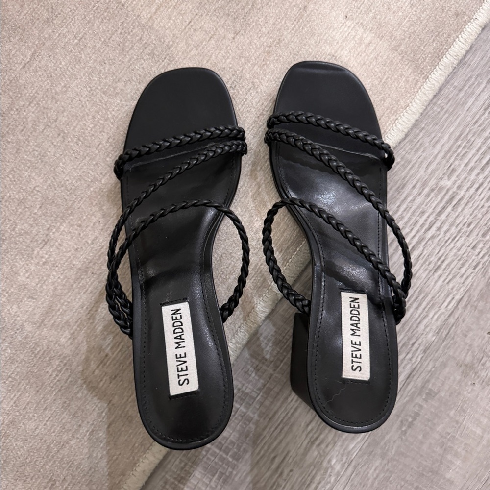 Steve Madden Black Braided Strappy Block Heel Sandals - Picture 2 of 6